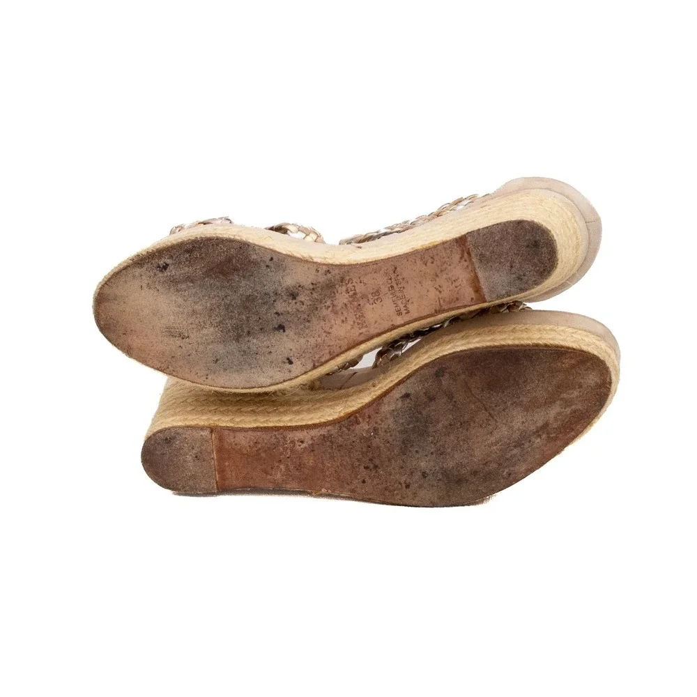 HERMÈS TAUPE SUEDE & METALLIC BRAIDED STRAP INES‎ ESPADRILLE WEDGES EU 38 US 7.5
